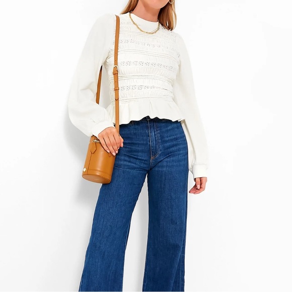 Cream Rita Jersey Long Sleeve Smocked Top